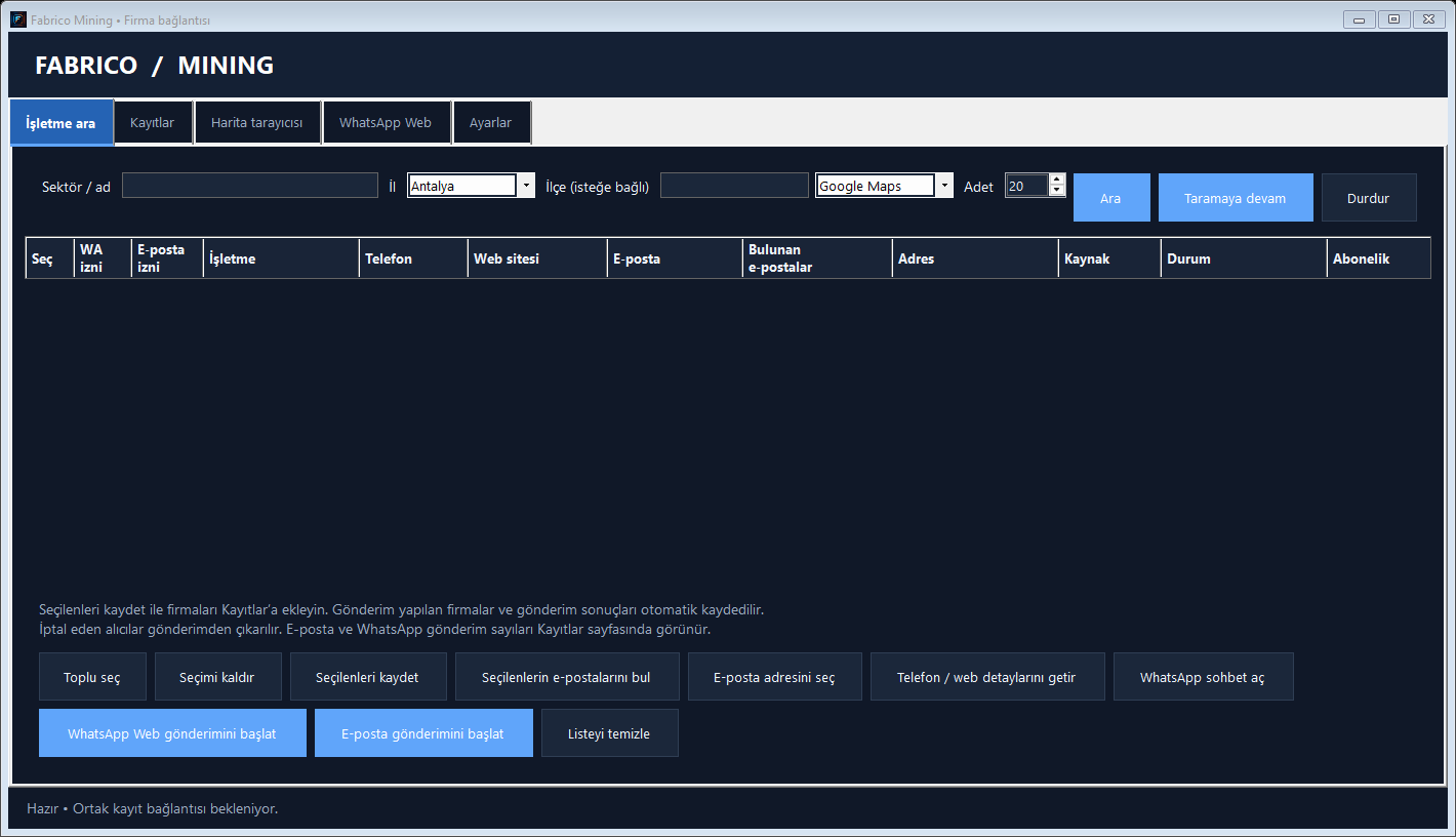 Fabrico Mining Windows uygulamasının işletme arama ekranı